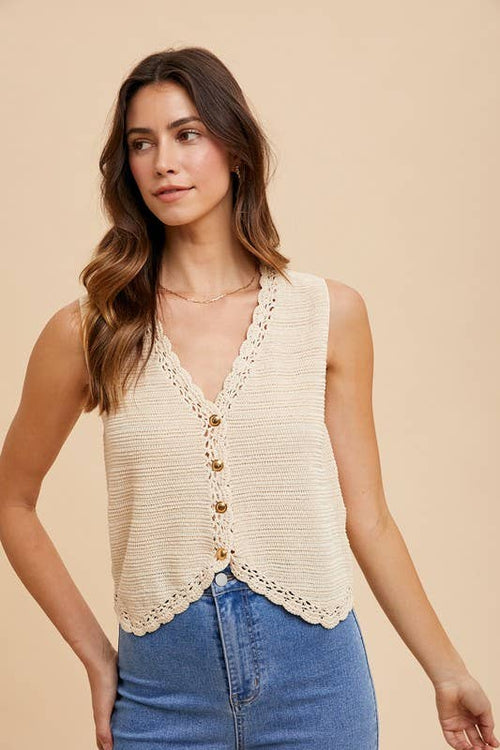 Crochet Trimmed Button Down Sweater Vest