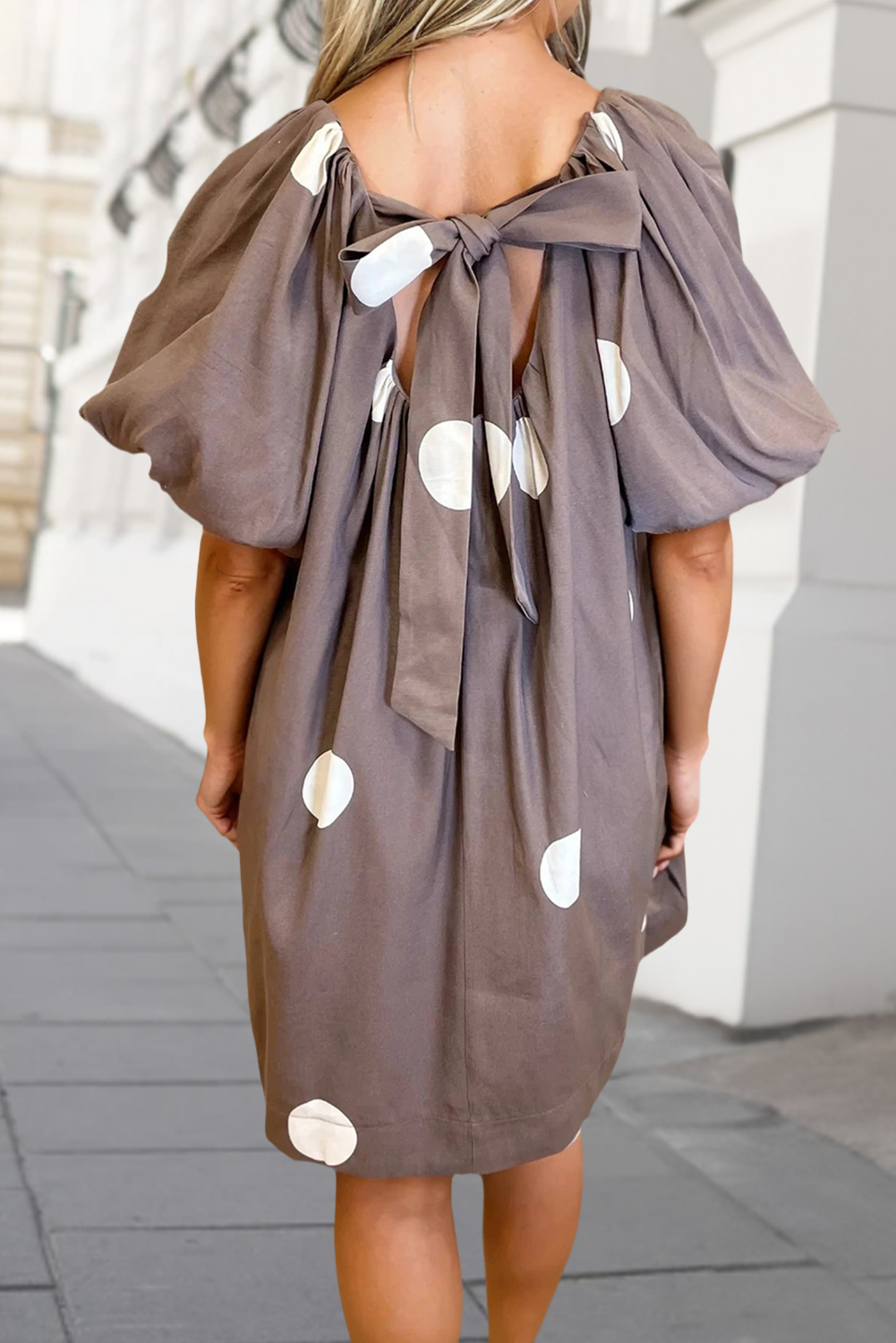 Polka Dot Knot Back Short Puff Sleeve Mini Dress