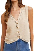 Crochet Trimmed Button Down Sweater Vest