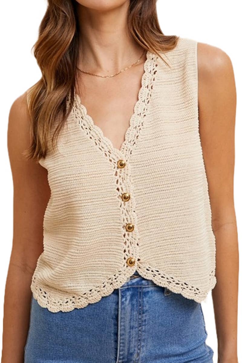Crochet Trimmed Button Down Sweater Vest