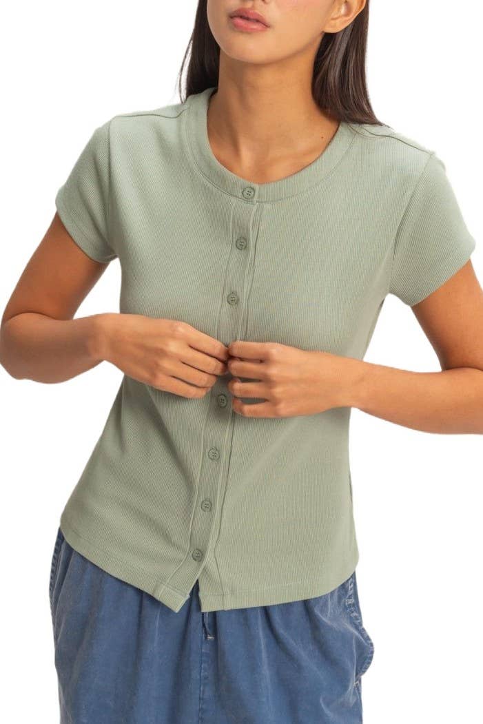 Ribbed Button-front Crew Neck Top