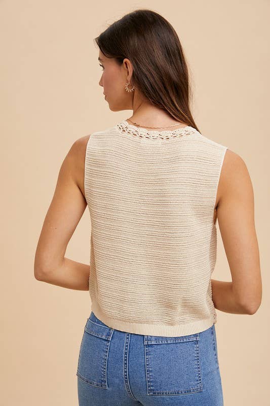 Crochet Trimmed Button Down Sweater Vest